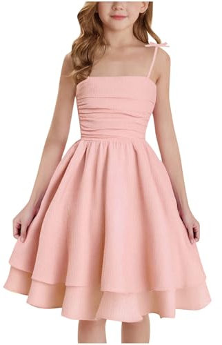 duxyoz Girl's Summer Dresses Spaghetti Strap Swing Pleated Cotton Dress Tween Kids Flowy Front Ruched Boho Beach Casual Midi Sundress for Princess Birthday Party Wedding Prom Gown Pink 12-13 Years