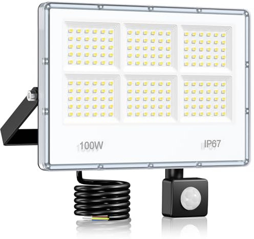 Projecteur LED Exterieur Detecteur De Mouvement - 100W 10000 LM 6 en 1 Spot LED Extérieur Detecteur De Mouvement, IP67 Étanche 7000 K Blanc Froid Éclairage Extérieur pour Jardin, Cour, Rue, Garage