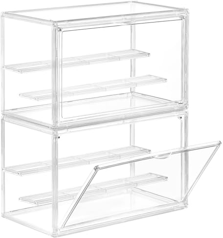 Freebat Clear Acrylic Display Case for Collectibles - 3-Tier Adjustable Figure Display with Magnetic Door & Removable Shelves,Stackable Dispaly box for Figures - 2 Pack