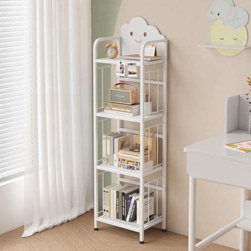 Ornesita 4-Tier Storage Children Bookshelf, Lovely Kids Bookcase, Cute Toy Storage Organizer Book Shelves Units for Bed Room, Living Room, Study and Play room （White）