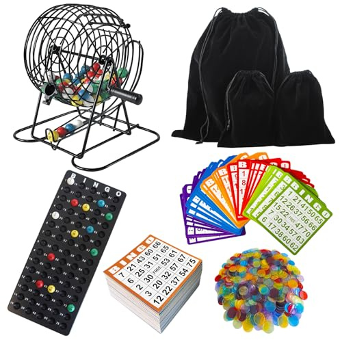SEETOOOGAMES Deluxe Bingo Game Set - Metal Cage, 50 Bingo Cards, 500 Paper Sheets, 500 Chips, 75 Balls, Plastic Master Board - Great for Large Groups, Family Games Nights Parties (Classic Cage)