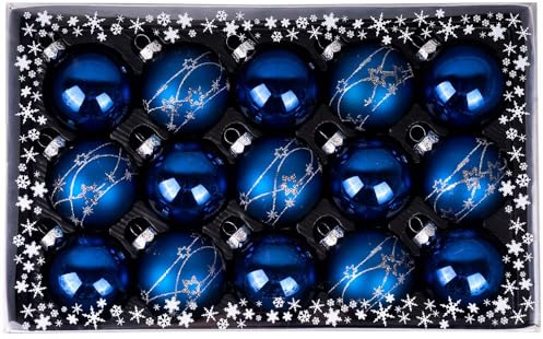 Weihnachtskugeln mit Verzierung aus Glas 6cm x 15 Stück in Kartonbox Christbaumkugeln (Midnight Blue dunkelblau)