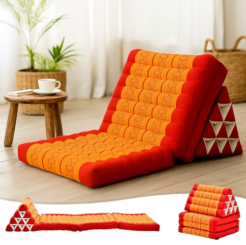 Leewadee 3-Fold Mat with Triangle Cushion – Comfortable TV Pillow, Foldable Mattress with Cushion Made of Eco-Friendly Kapok, 67 x 21 inches, Orange red