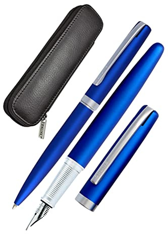 Online Set Eleganza Fountain Pen & Ballpen I Satin Blue I Nib Size M I Metal Clip I Retractable Biro I Fountain-Pen for Standard Ink Cartridges Or Converter I In Gift Box