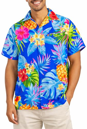 King Kameha Camicia Hawaiana Uomo Maniche Corte – Camicia Uomo Estiva con Stampa Ananas, Camicie Hawaiane da Spiaggia Leggera e Facile da Lavare - Pineapple, Blu, L