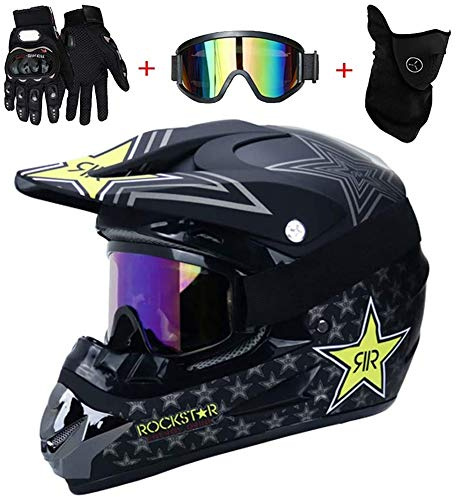 AMITD Rockstar Motocross Helmet Goggles Gloves Mask Adult Motorcycle ATV Off Road Helmet MTB Unisex Full Face Crash Helmets D.O.T Certified, Black, XL(58~59)