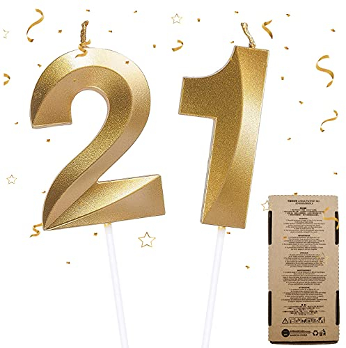 Geburtstag Zahl Kerzen, Zahlenkerze 2 & 1 Glitzer Cake Topper Happy Birthday Gold Geburtstagskerzen Kuchen Deko, Nummer Kerzen 21 Geburtstag Kerzen Kuchen Topper für Hochzeit Jahrestag Party Feier