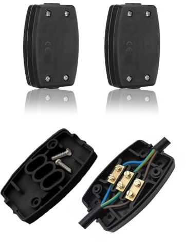 Lot de 2 boîtes de jonction électrique à 3 bornes, câble et connecteur 13 A 250 V, pour éclairage extérieur, alimentation et câblage automobile (noir)