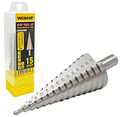 YOKOCUT Step Drill Bit HSS M2 Fully Ground Step Drill Bit For Metal Multiple Hole Drilling Cone Drill Bit Stepped Up Bits For DIY Lovers With 10mm Tri-Flat Shank (4-32mm Step Bit -15 Steps)