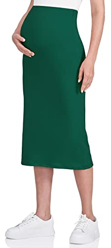 POSHDIVAH Women's Maternity Skirt Over The Belly Midi High Waisted Solid Stretchy Pregnancy Pencil Skirt Hunter Green Medium