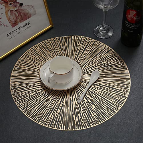 FIYSON 6Pcs Hollow-carved Round Placemats,15in Washable PVC Table Place Mats,Heat Resistant Non-slip Table Placemat,Firework Decorative Placemats for Wedding Dinner Parties Home Kitchen Decor (Gold)