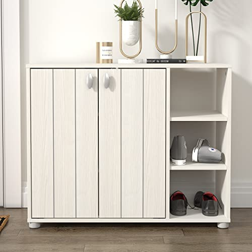 Galano Hansel 12-Pair Shoe Storage Cabinet – 2-Door Organizer with Shelves for Hallway, Entryway, or Bedroom – 35.3 x 79.6 x 64.6 cm - Cream Oak