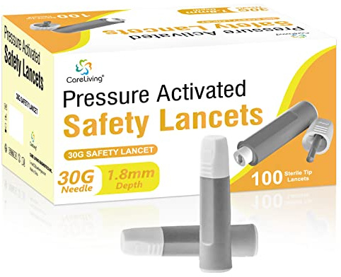 CareLiving Safety Lancets, 100 Count Sterile, Push Button Activated, 30 Gauge Needle, 1.8 mm, Single-Use, Gentle for Comfortable Testing