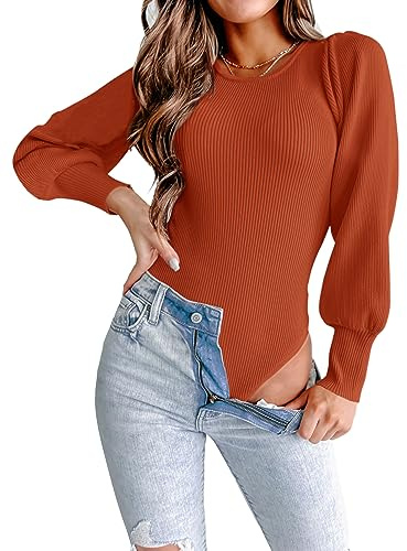 MASCOMODA Long Puff Sleeve Sweaters for Women 2025 Fall Winter Crewneck Knit Ribbed Bodysuit Pullover Tops (Rust Red, Small)