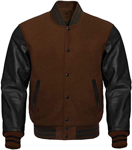 Fashion_First Chaqueta universitaria universitaria unisex para mujeres/hombres, chaqueta de béisbol estilo americano Letterman lana + chaqueta de piel sintética, Marrón y negro, XL