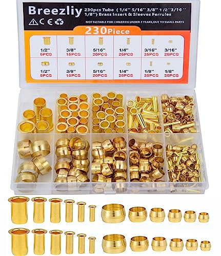 Breezliy Kit assortito di raccordi a compressione, 6 misure (1/8, 3/16, 1/4, 5/16, 3/8, 1/2), boccole e inserti in ottone, utilizzati per collegare linee per aria, acqua, carburante, olio e gas