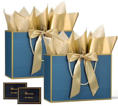 BBLIKE Geschenktüten mit Henkel - 2 Geschenktasche + 2 Grußkarten + 4 Sydney Paper, Papiertüten mit Henkel, Geschenkverpackung für Geschenk, Geburtstag, Feier, Hochzeit (Navy Blau)