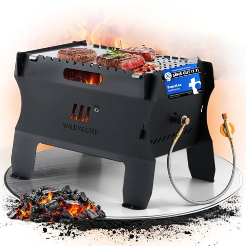 WALDMEISTER BruzzLee mobiler Gasgrill klein [Super-Set] Mini Plancha Grill | Campinggrill klein | Tischgrill | steckbar, leicht und tragbar - perfekt für unterwegs