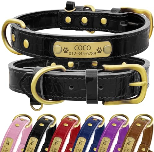 Senristar Personalisierte Hundehalsband aus Echtem Leder mit Eingraviertem Namensschild - Langlebiges und Stilvolles Hundehalsband für Kleine, Mittlere und Große Hunde (XS, Schwarz)