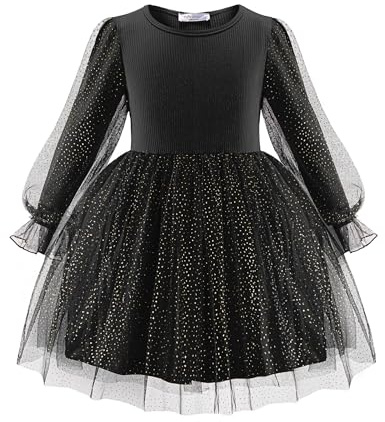 Arshiner Niñas Vestidos Tul Vestido de Manga Larga Niños Elegante Mangas Farol A-Line Vestido de Fiesta Casual Festiva Moda Otoño Invierno Vestido para Niñas 2-3 Años Negro