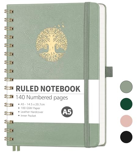 RETTACY A5 Notebook-Spiral College Ruled Notebook Journals for women,140 Numbered Pages Note Pad with 100GSM Thick Paper for Writing,Inner Pocket,Sticky Notes,14.5 x 20.7cm - LightGreen