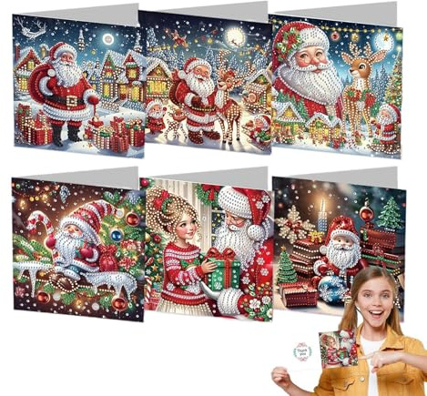 Rund borr gratulationskort, Kristallmålning julkort - Ljusa färger julkort 6 delar - Klart mönsterutskrift vikbart kort för julfödelsedag nyår