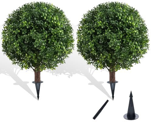 Chillchard Set of 2 Artificial Boxwood Ball Trees for Outdoor with Spike, UV Resistant Faux Topiary Ball, Fake Plants Greenery Round Shrubs Bushes for Entryway Front Porch Decor
