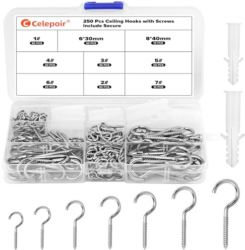 Celepoir 220 Piezas Ganchos de Techo, con 30 Tubo Expansión, 7 Tamaños Gancho Techo, Ganchos de Tornillo con Roscadas, Metal Gancho Atornillables, Ganchoes de Tejado para Colgar Plantas, Tazas, Llaves