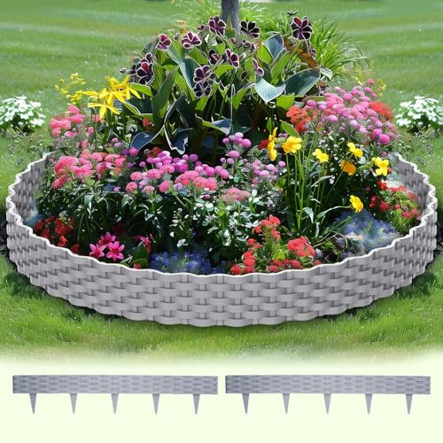 Beeteinfassung,Beetumrandung Garten,Rasenkante Kunststoff mit 5 Elemente á 1m,Mähkante Beetbegrenzung Flexible,Rattan-Optik Design,Gartendeko,Gartenpalisade für Garten-Grau