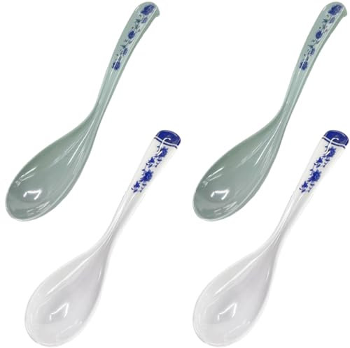 Cucchiai da Tavola 4 Pezzi, Cucchiaio da Tavola in Plastica, Cucchiaio da Dessert Cucchiaio Posate per Cucina di Casa o Ristorante (Porcellana Blu e Bianca 17 cm)