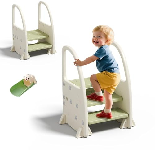 hoopyosms Taburete Infantil Antideslizante de 2/3 Peldaños con Asas, Escalón para Niños Seguro para Baño, Cocina y WC, Verde