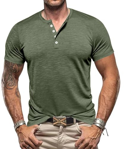 Volemo Tshirt Uomo Cotone Henley Shirt Maglietta con Bottoni Casual Top T-Shirt Manica Corta Verde L
