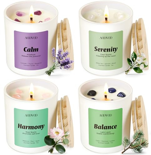 AOOVOO Calm Candles Set for Women - 4 Pack Candles for Home Scented, 28 oz 200 Hour Burn, Aromatherapy Candle with Crystals, Lavender Calm/Jasmine Serenity/Water Lily Pear Harmony/Patchouli Balance