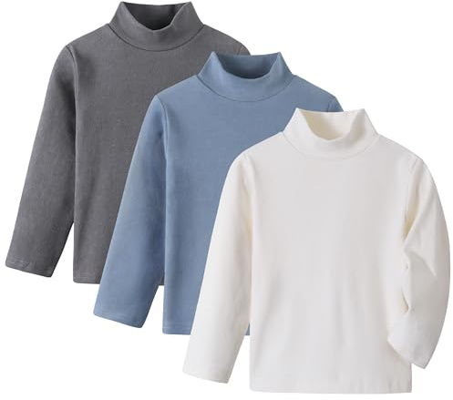 Volunboy Pack de 3 Camisetas Térmicas de Cuello Alto Manga Larga para Bebés y Niños 1-6 Años(Tamaño 90,18-24 Meses,Blanco Azul Gris