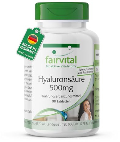 fairvital, hyaluronsyra 500mg, 90 tabletter, 500mg per styck, med zink, kvalitetskontrollerad och högdoserad, 100% vegansk, tillverkad i Tyskland