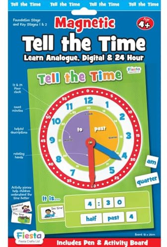 Tell the Time Learning Clock by Fiesta Crafts- Magnetic Kids Clock Set with 58 Magnets & Dry Wipe Marker - Teaching Clocks for Children & Educational Toys to Improve Early Time & Maths Skills