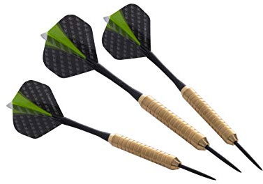 Engelhart 3 dardi in Ottone di Alta qualità. Livello Semi-Professionale, Corpo Dorato, Stelo Nero, Pinne Nere e Verdi. Custodia Rigida per Freccette Inclusa. 24 GR