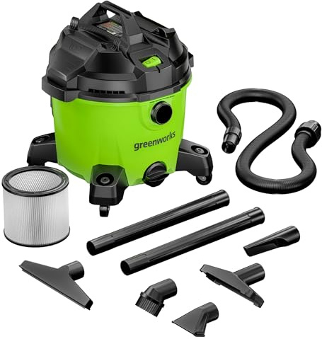 Greenworks 9 Gallon AC Wet/Dry Vacuum, 1.6 Peak HP Mototr, 105 CFM Home, Workshops Wheeled Cleaner with Washable HEPA Filter and Multiple Accessories for Hard Floor & Carpet