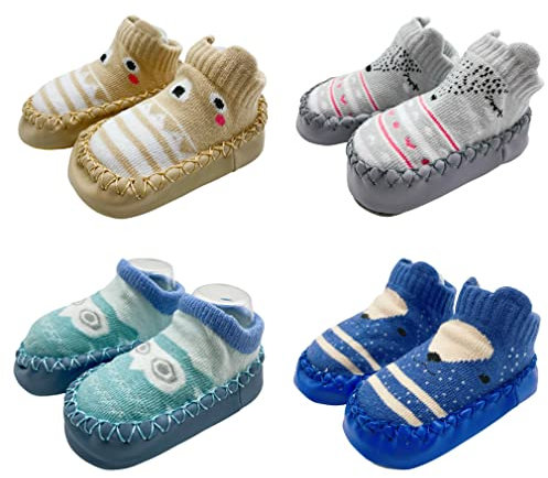 FedMois 4 Pairs Baby boys Girls Non-Skid Indoor Slipper Shoes Socks, Bears & Owls, 12-18 Months