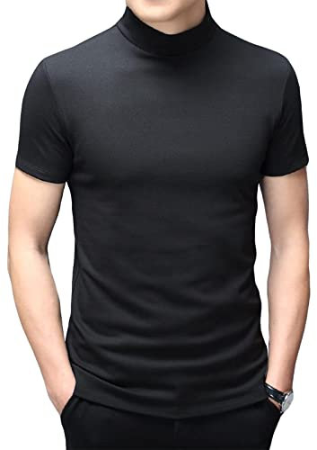 Mens T Shirt Short Sleeve Basic Mock Turtleneck Slim Fit Undershirt Pullover Thermal Solid Tops Black M