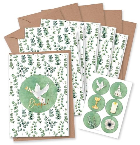 Papierdrachen 6 biglietti di ringraziamento per feste cristiane come battesimo, comunione, cresima, motivo eucalipto, biglietti pieghevoli con busta e adesivi abbinati, DIN A6, set da 6 pezzi