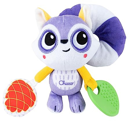 Chicco Raton Laveur Portable, hochet avec Grande Queue Douce pour Fixation à la Poussette ou au siège Auto, avec Anneau de Dentition, Pendentif en Forme de Pomme de pin avec Son froissé, 3-24 Mois