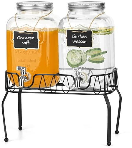 Winter Shore Distributore Bevande in Vetro da 3,8L con Supporto [Set da 2] - Dispenser Bevande in Materiali Alimentari e Senza BPA per Succo, Tè - 2 Dispenser con Rubinetto e 2 Etichette in Legno