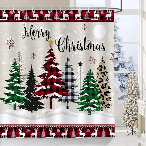 Bonhause Weihnachtsbaum Büffel Prüfen Winter Schneeflocke Bauernhaus Duschvorhänge 180 x 180 cm Anti-Schimmel Wasserdicht Polyester Stoff Waschbar Bad Vorhäng für Badzimmer mit 12 Haken