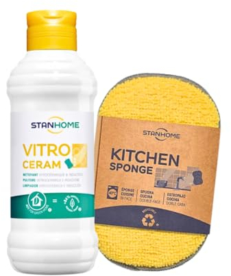STANHOME Vitro Ceram Kitchen Sponge - Pack limpieza Cocina, limpiador vitrocerámica, esponja de cocina, encimera y fregadero, efecto antigrasa y desincrustante (250ml + 1ud)