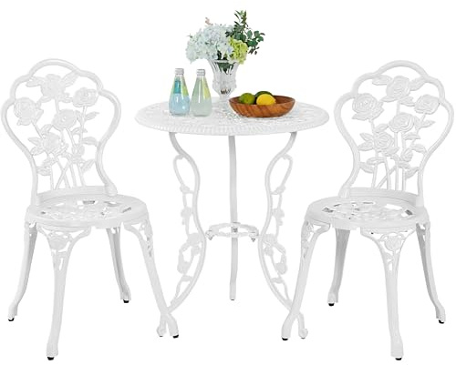 Yaheetech 3PCS Patio Bistro Set, Garden Table & Chairs, Rose Design, White | Sturdy Aluminum Frame | All-Weather Patio Furniture | Stylish Decor for Balcony, Garden & Porch