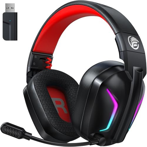 Fachixy Cascos Gaming Inalámbricos para PC, PS5, PS4, Auriculares Gaming Inalámbricos de 2,4GHz Wireless+Bluetooth - Baja Latencia, Duración 40Hr+, Luces RGB(Negro-Rojo)
