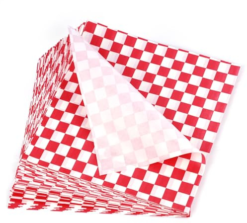 Checkered Deli Basket Liner, 100 stycken fettbeständigt smörgåspapper, livsmedelsförpackning, rutiga fettsäkra blad för hamburgare, snacks, pommes och bröd