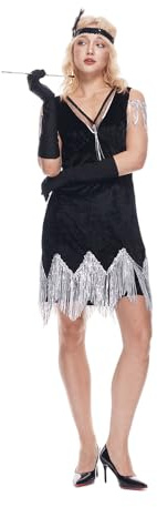 EraSpooky Costume da donna lussuoso stile flapper degli anni '20 abito vintage con frange per adulti fascia per capelli in piume e guanti M
