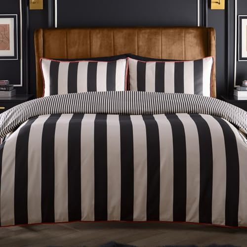 Laurence Llewelyn-Bowen Festivo - Funda de edredón a Rayas de Circo, tamaño King (230 x 220 cm), Suave satén 100% algodón, 2 Fundas de Almohada, Ropa de Cama de Rayas Blancas y Negras, Juego de Ropa